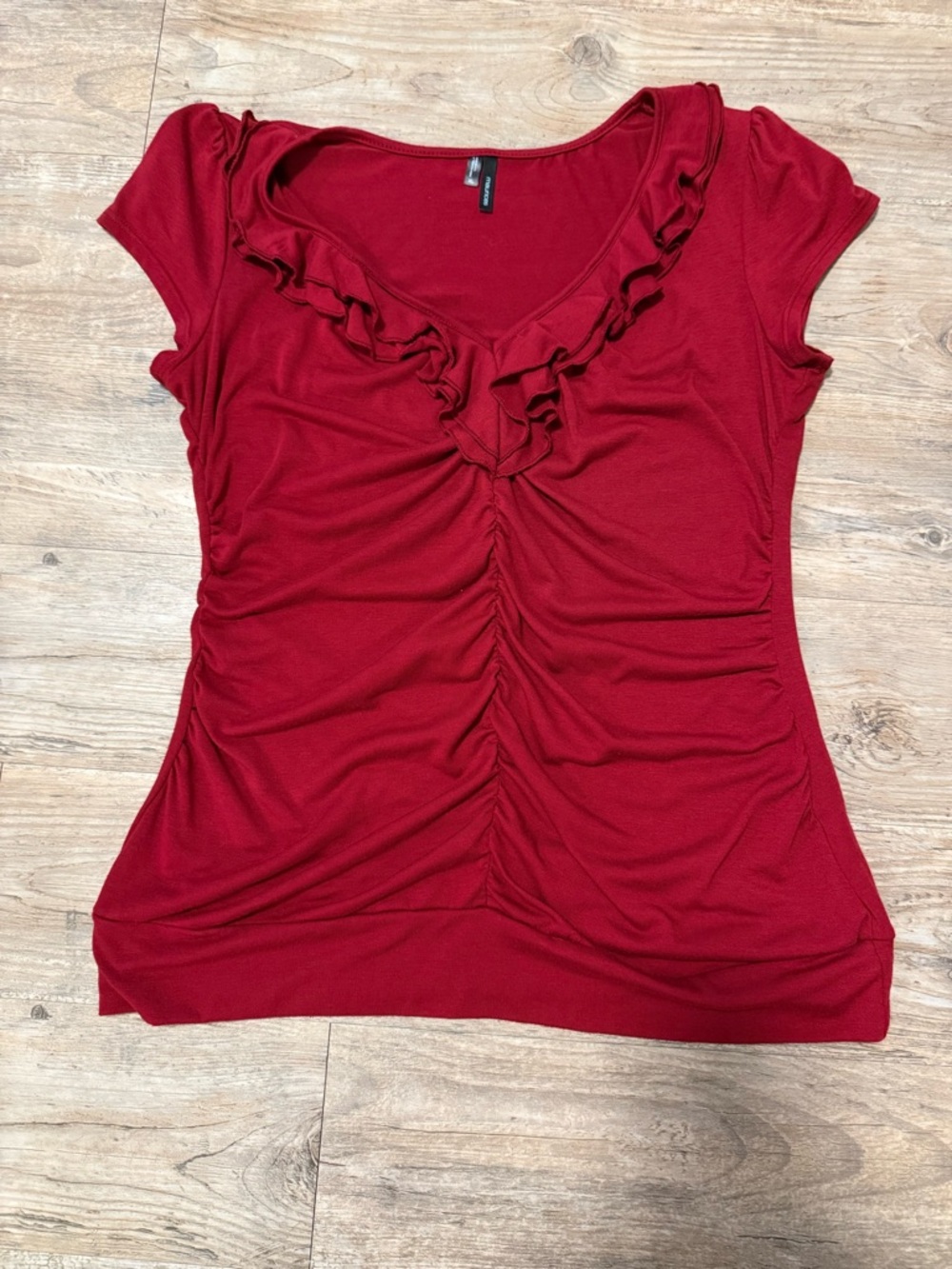 Maurices Deep Red Ruffled V-Neck Ruched Short Sleeve Top
